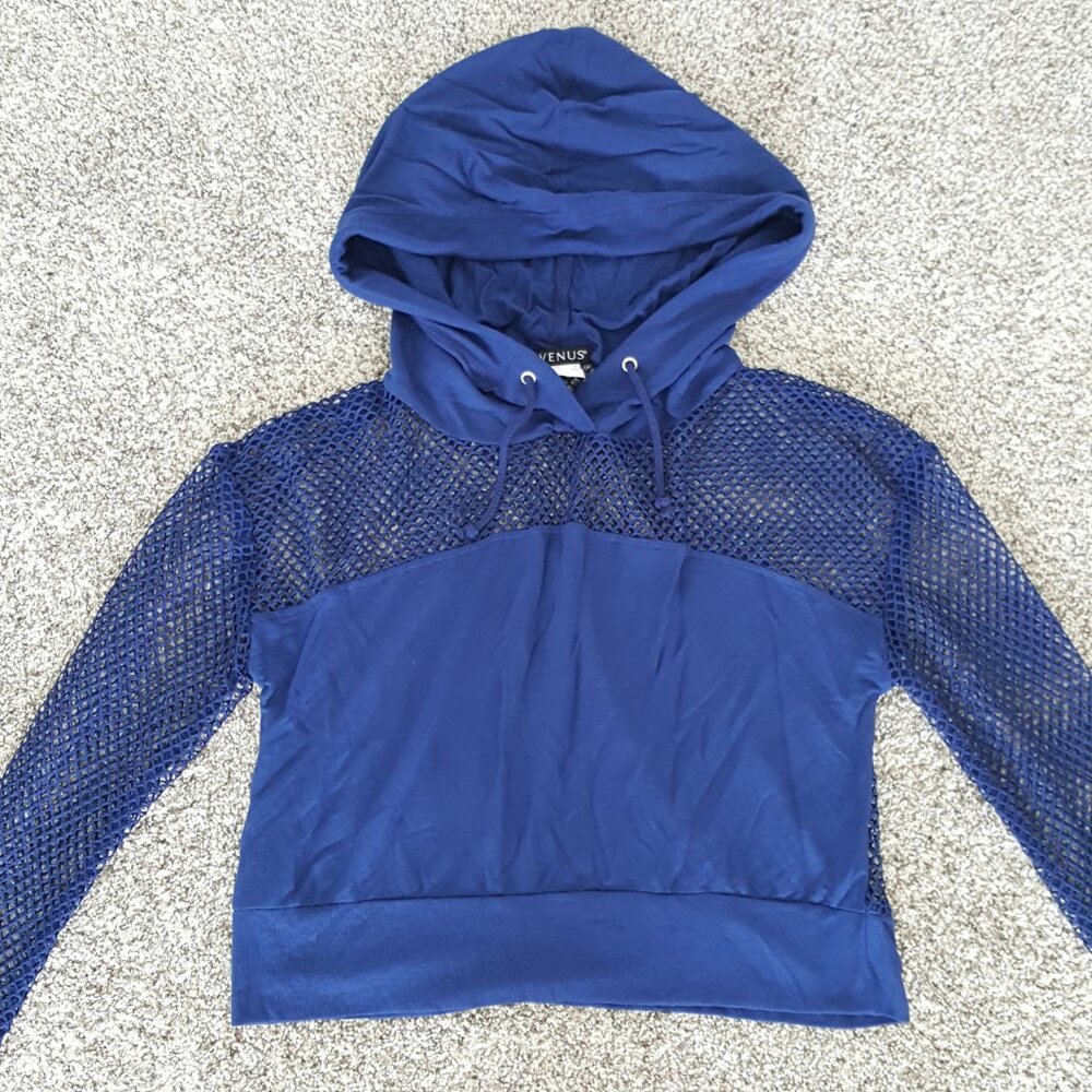 NEW Venus Cropped Mesh Hoodie Top Cover-Up Blue Hooded Long Sleeve Sweatshirt - Picture 9 of 13